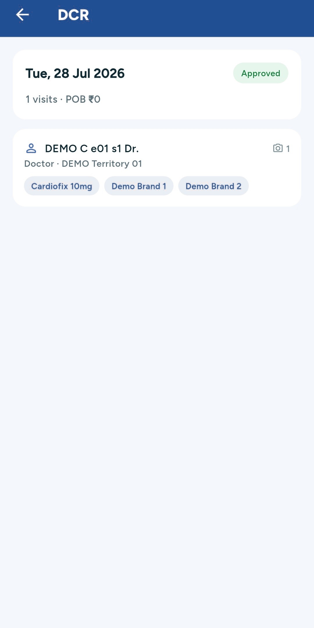 A daily call report marked Approved, showing the doctor visited, their territory, the brands detailed and a photograph attached.